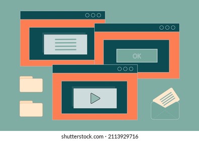 Popup retro window video and audio player. Old computer interface with desktop browser dialog. Numeric information for user interface. Popup user, elements of UI and UX. Screen warning. Vector