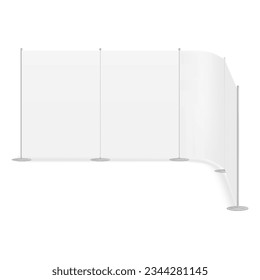 Pop-up streamline backdrop vector mock-up. Blank graphic panel flexible banner background realistic mockup. Exhibition display stand. Template for design