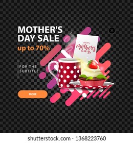 A pop-up template for a site with a discount in honor of mother's day with cup of tea with cupcake