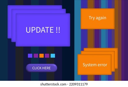 Popup user interface 3d. Error notification in a browser dialog. Repeating window on computer screen, system error, repeat again. Update the old program, click the button. Desktop interface. Vector.