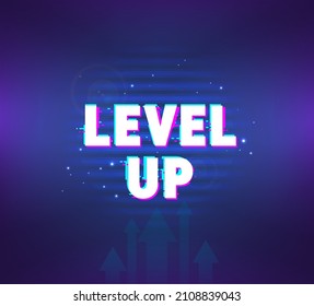 Pop-up Window With Congratulations On Level Up. Game Screen Interface For App And Mobile Phone Games. GUI, UI, UX Screen. Level Up Illustration With Glitch And Glow Effect. Pop-up New Lvl . Vector