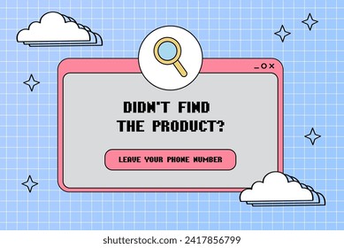Popup window. Did not find 
the product. Magnifying glass icon. Retro computer aesthetic. Computer screen 90s, 2000s vector illustration. 