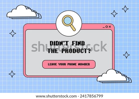 Popup window. Did not find 
the product. Magnifying glass icon. Retro computer aesthetic. Computer screen 90s, 2000s vector illustration. 