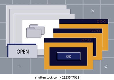 Popups retro window video and audio player. Old computer interface with desktop browser dialog. Numeric information for user interface. Popup user, elements of UI and UX. Screen warning. Vector
