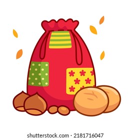 Pão por Deus (Portugese for Bread for God) All Saints Day tradition in Portugal. Cloth bag with broas (cakes) nuts and chestnuts. Cartoon vector illustration.