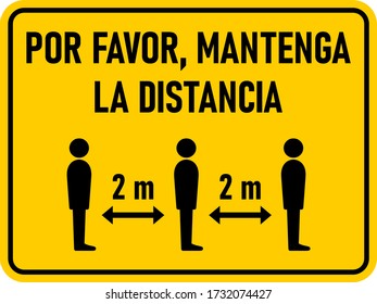 Por Favor Mantenga La Distancia ("Please Keep Your Distance" in Spanish) 2 m or 2 Metres Horizontal Rectangular Instruction Sign with an Aspect Ratio of 4:3 and Rounded Corners. Vector Image.