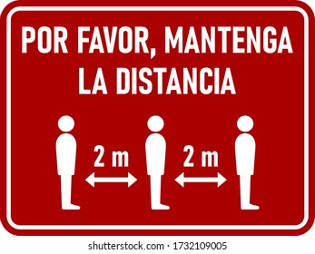 Por Favor Mantenga La Distancia ("Please Keep Your Distance" in Spanish) 2 m or 2 Metres Horizontal Rectangular Instruction Sign with an Aspect Ratio of 4:3 and Rounded Corners. Vector Image.