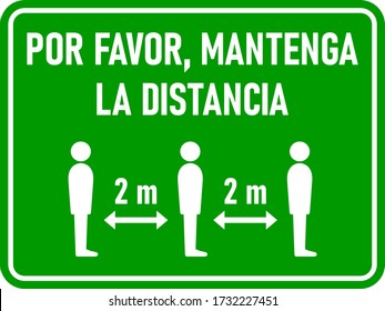 Por Favor Mantenga La Distancia ("Please Keep Your Distance" in Spanish) 2 m or 2 Metres Horizontal Rectangular Instruction Sign with an Aspect Ratio of 4:3 and Rounded Corners. Vector Image.