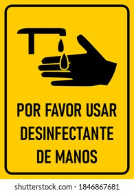 Por Favor Usar Desinfectante de Manos ("Please Use Hand Sanitizer" in Spanish) Vertical Hygiene Warning Poster Sign with an Aspect Ratio of 3:4. Vector Image.