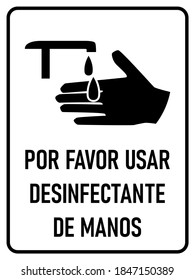 Por Favor Usar Desinfectante de Manos ("Please Use Hand Sanitizer" in Spanish) Vertical Hygiene Warning Poster Sign with an Aspect Ratio of 3:4. Vector Image.