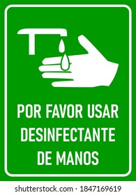 Por Favor Usar Desinfectante de Manos ("Please Use Hand Sanitizer" in Spanish) Vertical Hygiene Warning Poster Sign with an Aspect Ratio of 3:4. Vector Image.