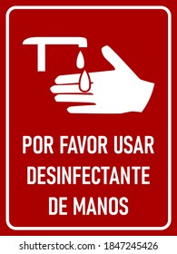 Por Fevor Usar Desinfectante de Manos ("Bitte Hand-Sanitizer" auf Spanisch) Vertikales Hygiene-Warnschild mit einem Seitenverhältnis von 3:4. Vektorbild.