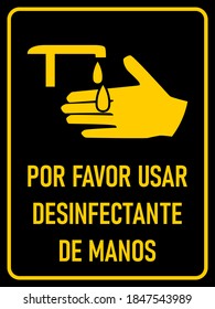 Por Fevor Usar Desinfectante de Manos ("Bitte Hand-Sanitizer" auf Spanisch) Vertikales Hygiene-Warnschild mit einem Seitenverhältnis von 3:4. Vektorbild.