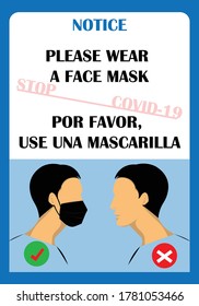 Por Favor Use Una Mascarilla ("Please Use a Face Mask" in Spanish). Wear mask sign. The notice for wearing mask