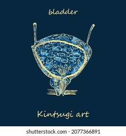 Porcelain bladder decorated blue plant pattern decorated golden craquelure in kintsugi art style. Modern upcycling eco trend. Good fashion fabric design, scrapbooking sticker Vector illustration