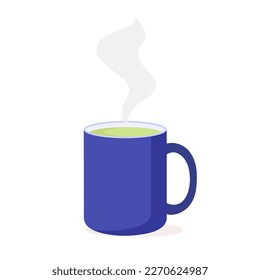 Porcelain blue mug. Mug of green tea with steam. Vector illustration in a flat style.