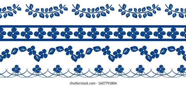 Porcelain borders set. Hand draw blue and white floral pattern background and borders. Great for wallpaper, gifts, textile, packaging design.
