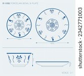 Porcelain Bowl and Plate Technical Drawing. Translation: (Title) Porcelain Bowl and Plate 