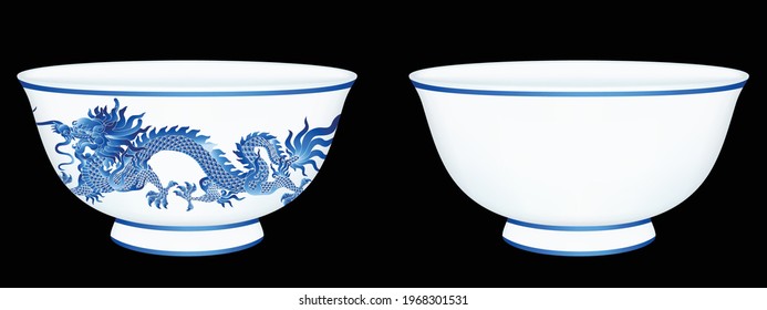 Porcelain ceramic bowl set isolated on black background. Graphic vector