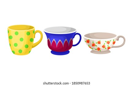 Porcelain or Ceramic Cups with Handle for Drinking Tea Vector Set
