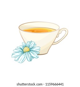 Porcelain or Ceramic Tea Cup. Chamomile or Daisy Flower and Green Tea. Herbal Therapy. Made Tea with Matricaria Loose Herbs. Vector Illustration. Banner Design, Restaurant Menu, English Breakfast.