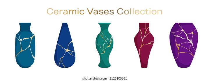 Porcelain ceramic vases vector collection. Japanese art of repairing broken pottery gold patterns on ceramic vases.  Room decor pottery. Elegant pots illustration set.