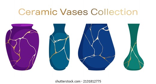 Porcelain ceramic vases vector collection. Pottery ceramic vases for flower bouquets with gold line kintsugi patterns. Interior decor pottery. Elegant bowls illustration set.