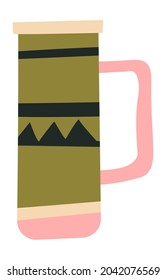 Porcelain or ceramics cup with handle and geometric ornaments and motives. Isolated kitchenware for restaurants, cafes and home. Interior design with fashionable scandi hint. Vector in flat style