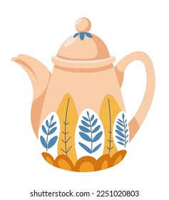 Porcelain or ceramics kitchenware and serving dishes. Isolated pot or kettle with floral ornament decoration, making tea and brewing tasty warm beverages for breakfast or lunch. Vector in flat style