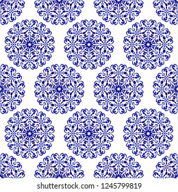 porcelain Chinese pattern, blue and white ceramic seamless design, tile  indigo background, floral decorative wallpaper decor vector illustration