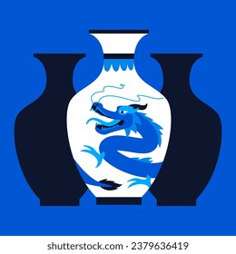 Porcelain Chinese vases - modern colored vector illustration