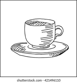 porcelain coffee cup and saucer. vector hand drawn sketch illustration