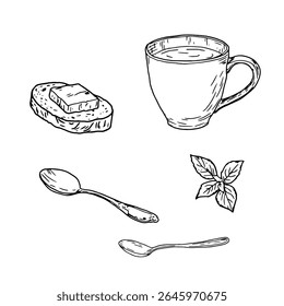 Porcelain coffee mug on a saucer and sandwich with butter, sketch in black and white ink. Vector illustration. Mug, mint leaves and spoons, isolated on white background. For menus, cookbooks and cafes