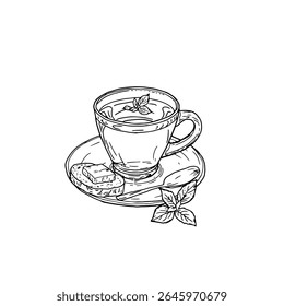 Porcelain coffee mug on a saucer and buttered sandwich, black and white ink sketch. Vector illustration. Mug of hot tea with mint leaves, isolated on white background. For menus, cookbooks, and cafes