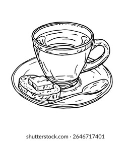 Porcelain coffee mug on a saucer and buttered sandwich, black and white ink sketch. Vector illustration. Mug of hot tea with mint leaves, isolated on white background. For menus, cookbooks, and cafes