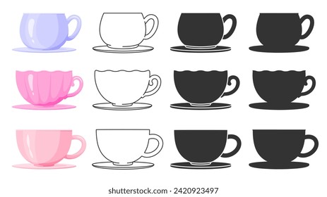 Porcelain coffee tea cup mug glass on saucer colorful black line silhouette stamp flat set. Editable line stroke print shape shell drinkware party breakfast kitchen collection container icon isolated