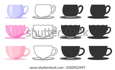 Porcelain coffee tea cup mug glass on saucer colorful black line silhouette stamp flat set. Editable line stroke print shape shell drinkware party breakfast kitchen collection container icon isolated