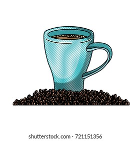 porcelain cup and beans of coffee colored crayon silhouette vector illustration