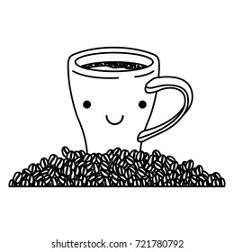 porcelain cup and beans of coffee monochrome kawaii silhouette vector illustration