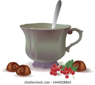 
porcelain cup with chocolates, red currants and a teaspoon on a white background