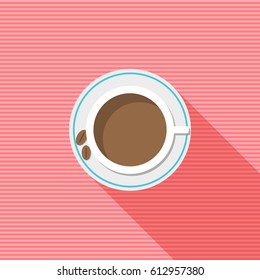 Porcelain Cup Of Coffee With Long Shadow, Beans And Pink Stripes. 