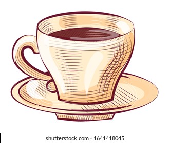 Porcelain cup of coffee on saucer isolated sketch icon. Vector brown aroma beverage in mug with handle. Sketch of cappuccino or latte in dishware, caffeine drink