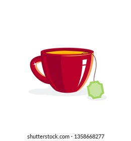 Porcelain cup of green tea with teabag. Vector illustration in flat style