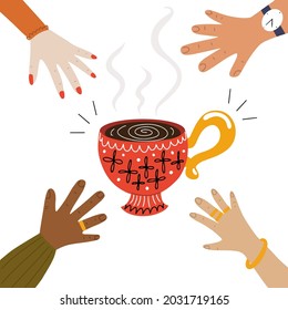 Porcelain cup of hot coffee with hands around trying to take it concept doodle vector illustration