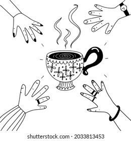 Porcelain cup of hot coffee with hands around trying to take it, concept doodle in line art  vector illustration