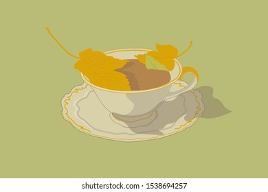 
Porcelain cup with hot tea on a saucer in which autumn maple leaves fell