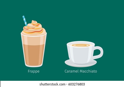 Porcelain cup on saucer with caramel macchiato flat vector. Sweet invigorating drink with caffeine. Tasty frappe with milk and nasty additives illustration for coffee house and cafe menus design 