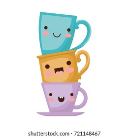 porcelain cup stack colorful kawaii silhouette vector illustration