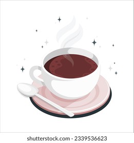 Porcelain cup of tea. Coffee cup and plate. hot Coffee for breakfast. Tea time. Herbal tonic beverage. Isolated white background. Cup of Tea. A hot white cup of tea on a saucer with a teaspoon. 2232