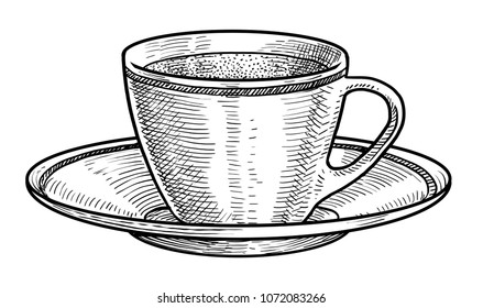 Porcelain cup of tea illustration, drawing, engraving, ink, line art, vector